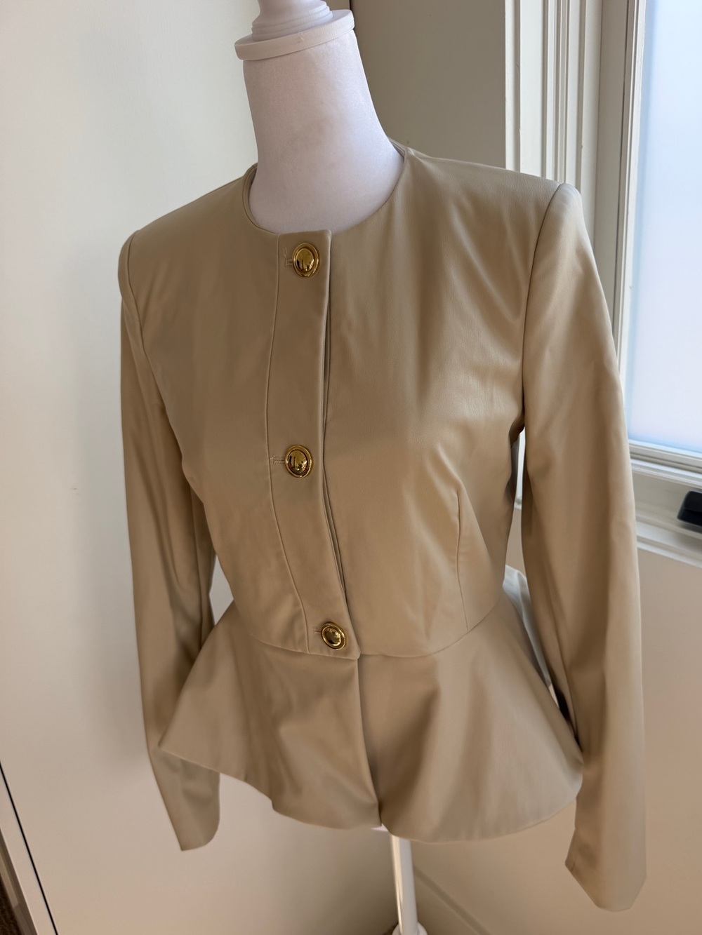 Zara Cream Round-Neck Faux Leather Peplum Blazer with Gold Buttons